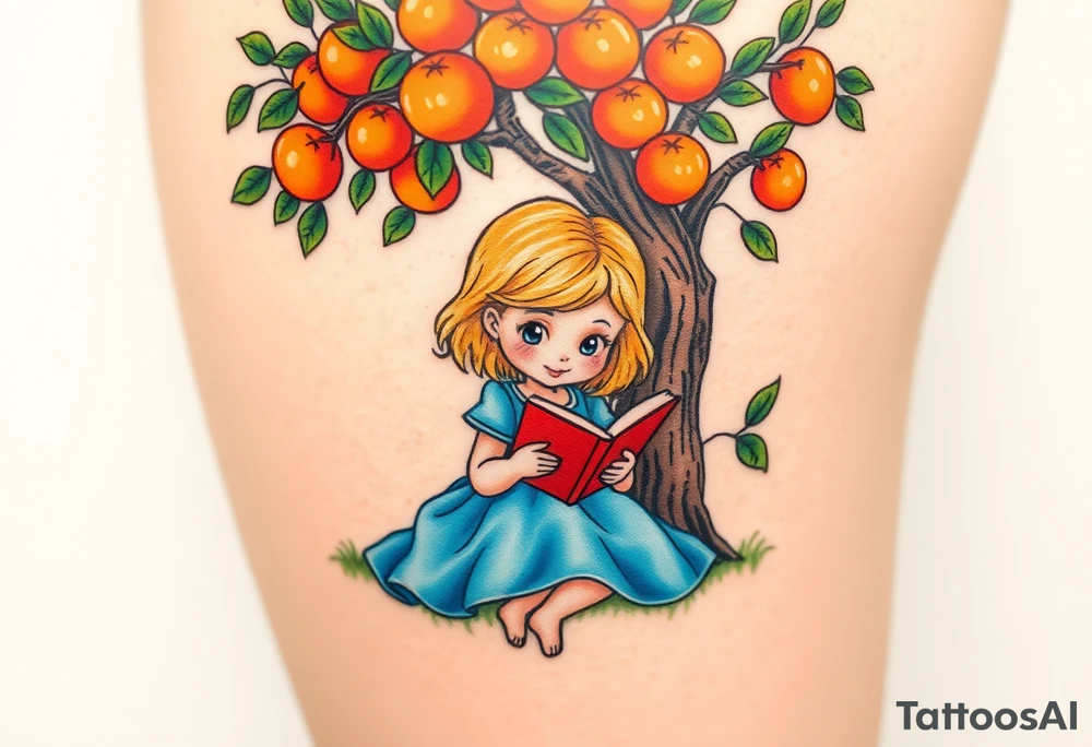 A blond little girl wearing a blue dress sitting under a orange tree while reading a book.


. tattoo idea
