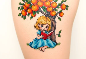 A blond little girl wearing a blue dress sitting under a orange tree while reading a book.


. tattoo idea