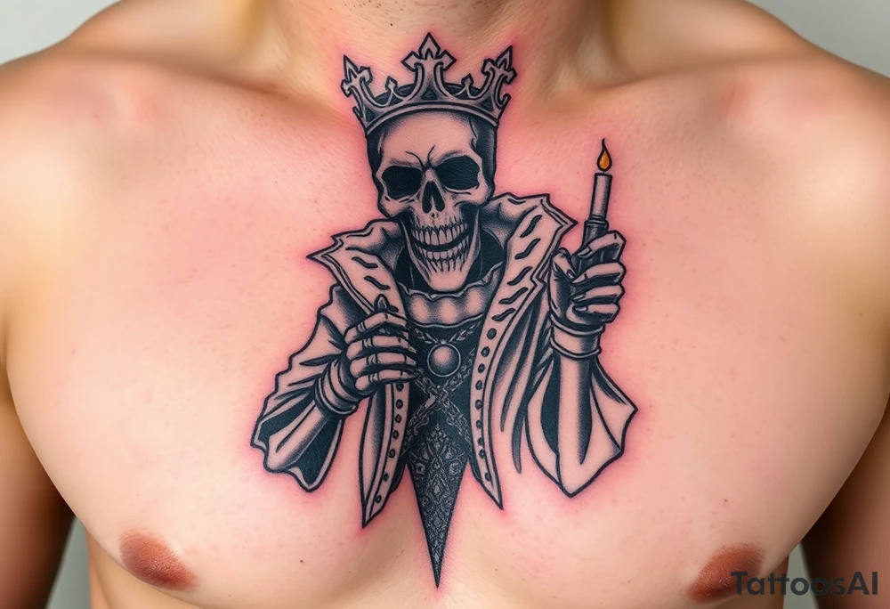 evil skeleton king in clothes having a good time getting drunk tattoo idea