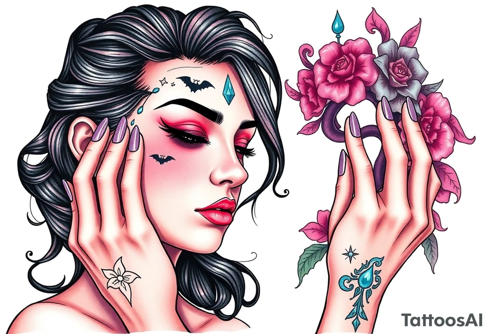 Young woman putting ritual make up on tattoo idea