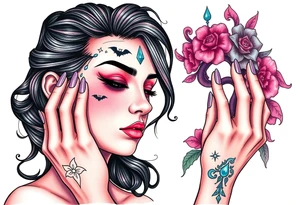 Young woman putting ritual make up on tattoo idea