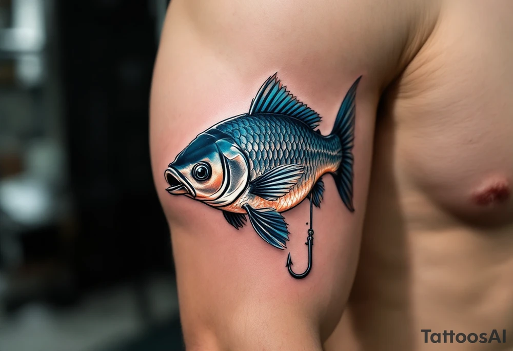 A carp with a fisherman’s hook in its mouth, with metallic silver and deep blue highlights, capturing the struggle between man and nature. tattoo idea