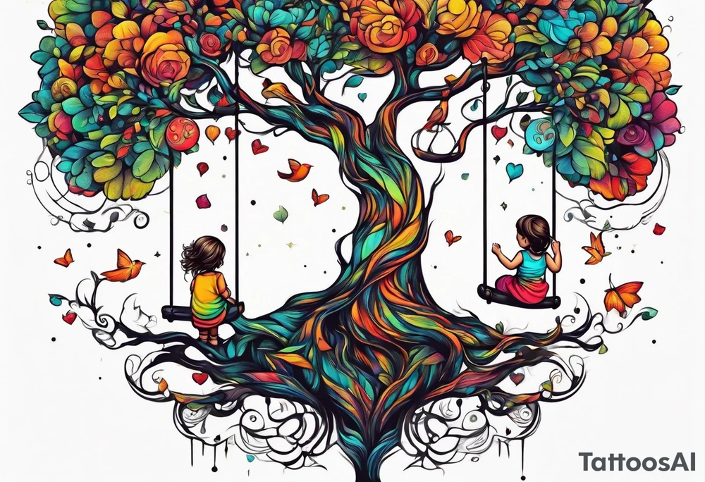 tree of life with swing little girl and man tattoo idea