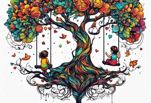 tree of life with swing little girl and man tattoo idea