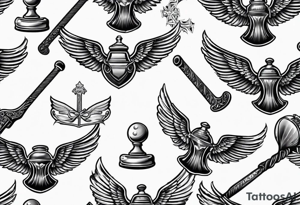 Hockey sticks crossing with 39 in the middle and angel wing around it tattoo idea