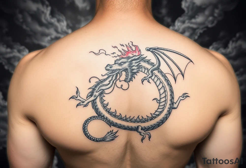 fierce dragon breathing iridescent fire against stormy skies tattoo idea