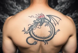 fierce dragon breathing iridescent fire against stormy skies tattoo idea