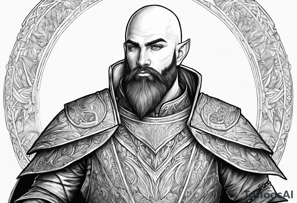 human-elf, bearded bald male, paladin, full body tattoo idea