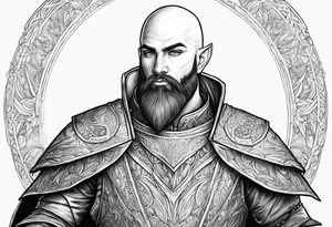 human-elf, bearded bald male, paladin, full body tattoo idea