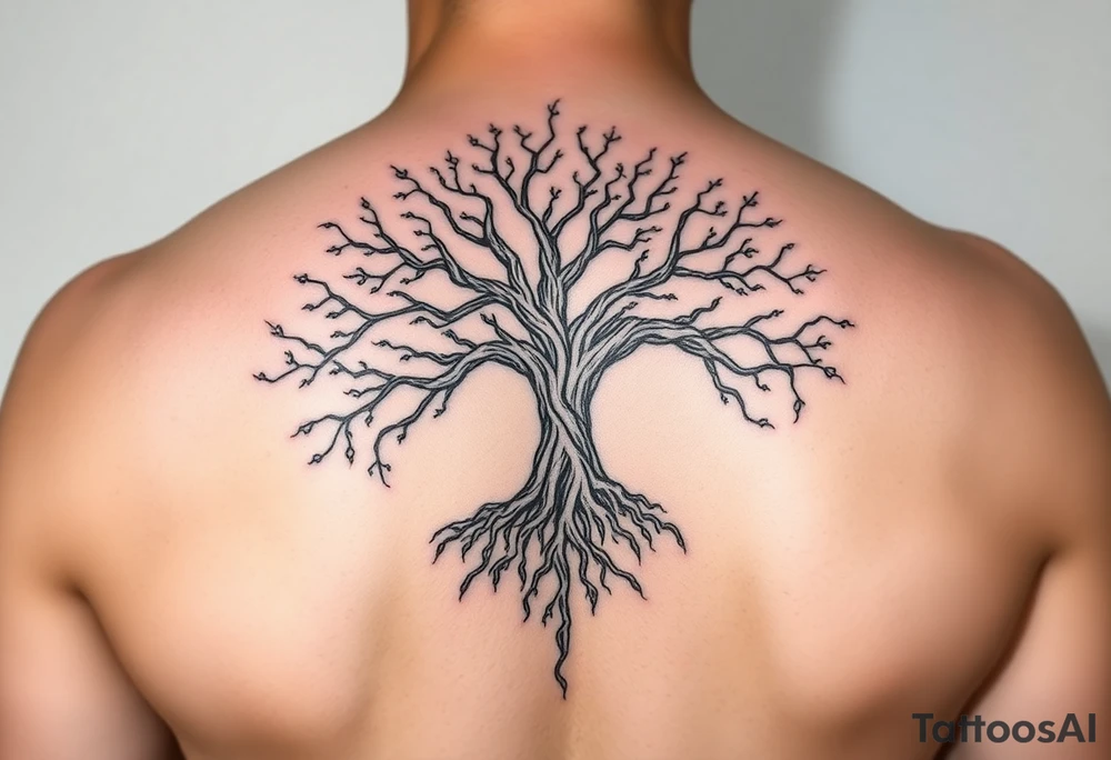 mystical tree of life with cosmic roots and celestial branches tattoo idea