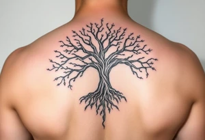 mystical tree of life with cosmic roots and celestial branches tattoo idea