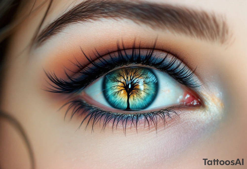 A hyper-realistic eye with a tiny tree reflection, detailed in deep green, honey brown, and icy blue hues, creating a surreal effect. tattoo idea