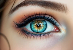 A hyper-realistic eye with a tiny tree reflection, detailed in deep green, honey brown, and icy blue hues, creating a surreal effect. tattoo idea