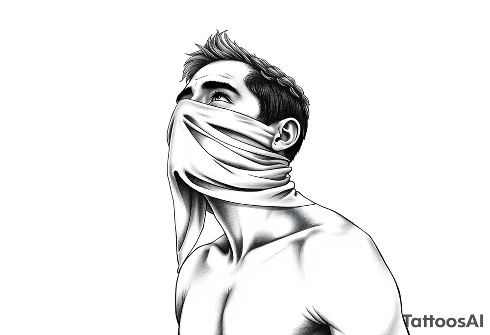 a naked man covering his eyes and mouth with a cloth with no emotions and looking up the sky tattoo idea