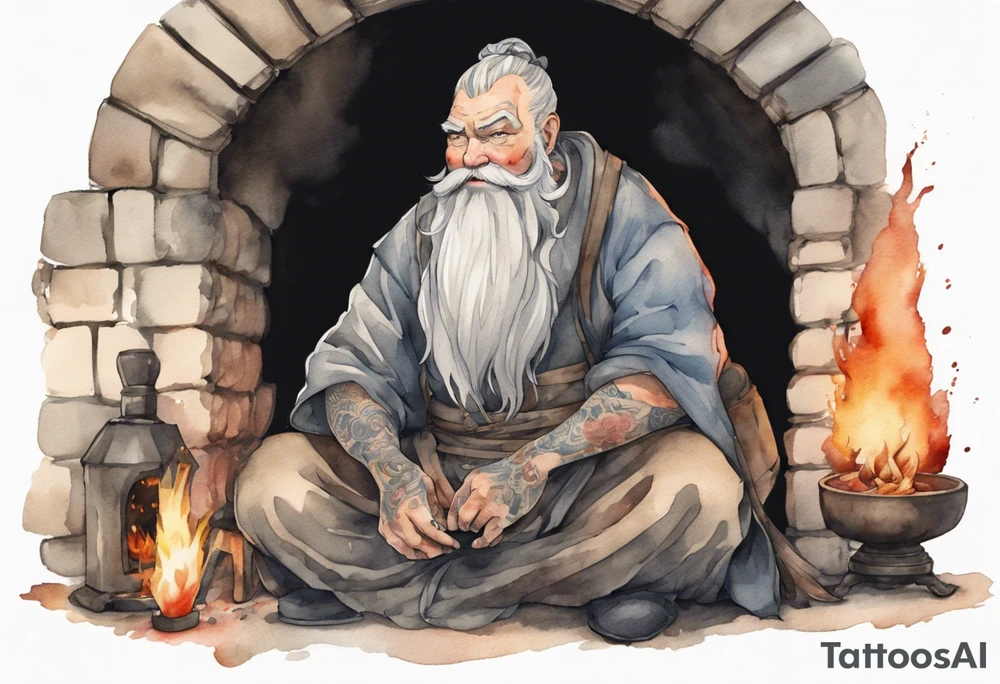 a large Medieval man with a grey beard sitting by the hearth tattoo idea