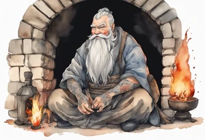 a large Medieval man with a grey beard sitting by the hearth tattoo idea