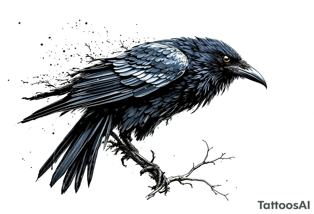 Black Raven on a branch looking over its shoulder tattoo idea