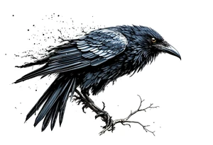 Black Raven on a branch looking over its shoulder tattoo idea