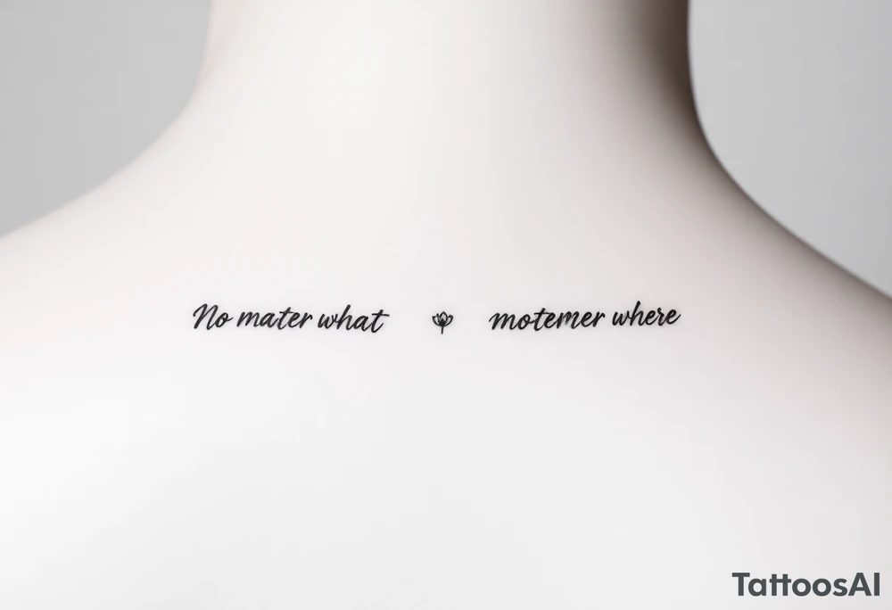 A delicate cursive tattoo with the quote ‘No matter what’ (for one person) and ‘No matter where’ (for the other), placed along the collarbone. At the end of each quote, incorporate a soft, feminine flower design — such as a small lotus, daisy, or wildflower — that flows naturally from the end of the text, as if the flower is part of the lettering or subtly blooming from the last word.
Design should feel light, elegant, and symbolic of connection and unconditional love between mother and daughter. Style should be fine line or single-needle, black ink only, minimalistic and graceful. tattoo idea