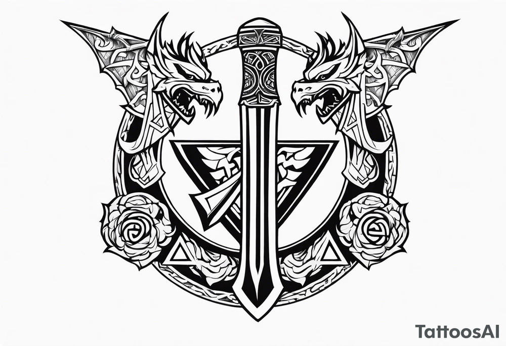 Valhalla sword shield dragon axe Valknut tattoo idea