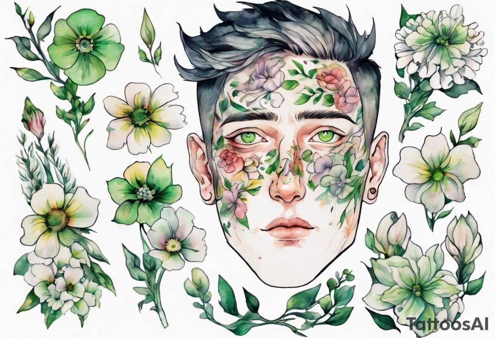 a handsom face covered in flowers with green eyes tattoo idea