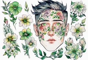a handsom face covered in flowers with green eyes tattoo idea