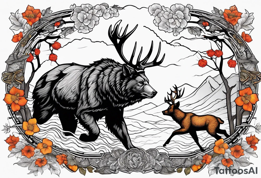 Hunter hunting deer being chased by a bear tattoo idea