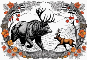 Hunter hunting deer being chased by a bear tattoo idea