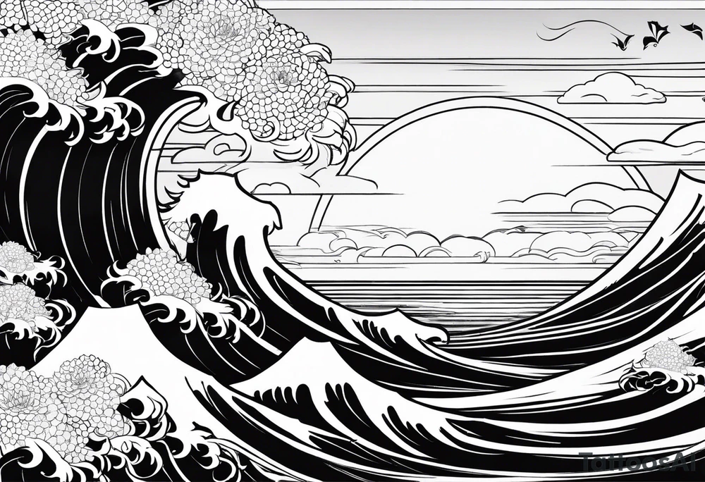 hello! can you generate me a tattoo sleeve in japanese drawing style by using these elements: waves, a cat, the sun, clouds and japanese lotus tattoo idea