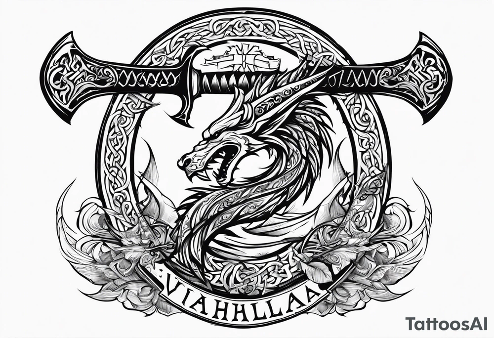 Valhalla sword dragon head axe viking church tattoo idea