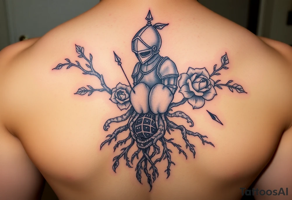 squid, knight intertwined with roses and tree roots rolling dice tattoo idea