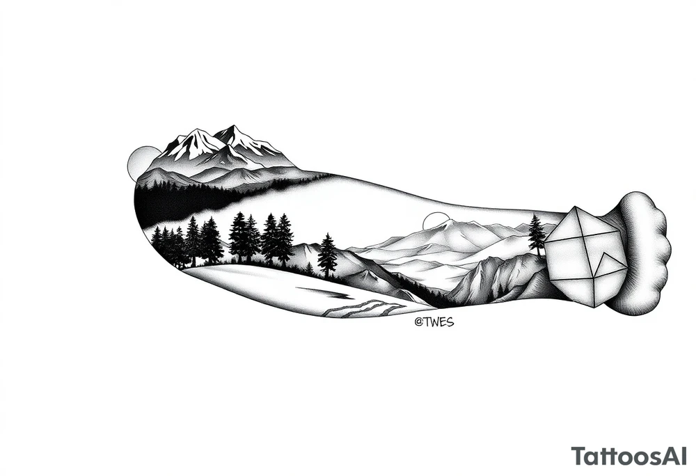 Tattoo stencil design, full sleeve. A journey through California: the top starts with a vibrant sunset over snowy peaks, transitioning down into a lush forest, then a stark desert, and ending at the wrist with ocean surf. The entire scene is viewed through a geometric lens, using "sacred geometry" patterns to divide the sections. Clean black and grey realism with sharp line work. No shading on the background, white background only. tattoo idea