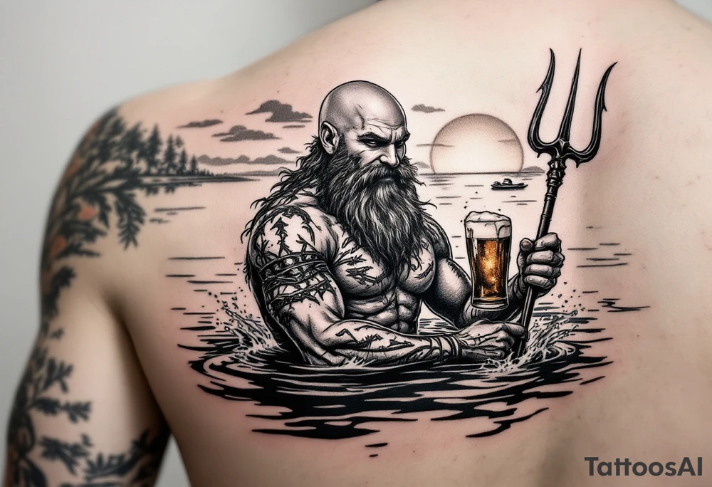 young, happy, fit, balding, poseidon in calm water, holding a trident, drinking a beer, with sunset, with ski boat tattoo idea