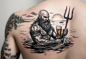 young, happy, fit, balding, poseidon in calm water, holding a trident, drinking a beer, with sunset, with ski boat tattoo idea