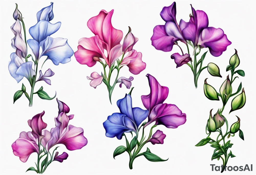 mountain landscape of cascading field 
sweet pea flowers, multi color tattoo idea
