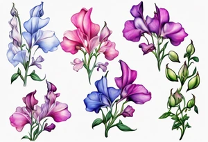mountain landscape of cascading field 
sweet pea flowers, multi color tattoo idea