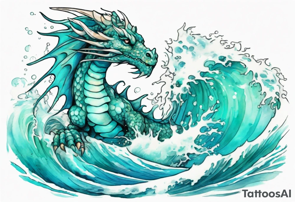 a pretty turquoise sea dragon emerging from an ocean wave, crashing onto the shore tattoo idea