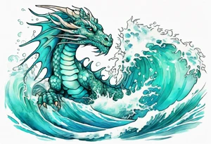 a pretty turquoise sea dragon emerging from an ocean wave, crashing onto the shore tattoo idea