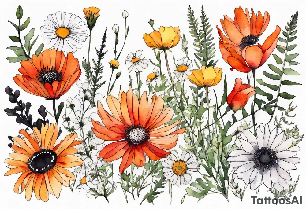 an oval of wildflowers cascading with thistles, ferns, white anemones, sun flowers, red flowers, black flowers, buttercups, orange flowers, babys breath and daisies all in watercolor tattoo idea