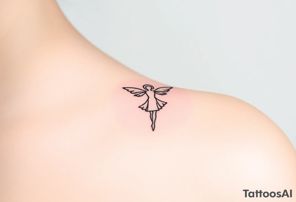 simple logo-style androgynous fairy/angel tattoo for girl's shoulder, lines only black ink. the tattoo is small showing the whole body/figure of the angel tattoo idea