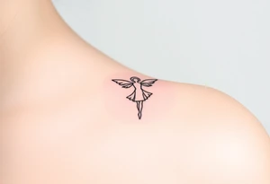 simple logo-style androgynous fairy/angel tattoo for girl's shoulder, lines only black ink. the tattoo is small showing the whole body/figure of the angel tattoo idea
