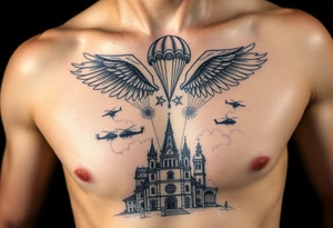 tattoo only  n the left side of the chest, paratrooper wings in the clouds with helicopters and paratroopers on their feet and below the church of cyril and methodius from prague tattoo idea