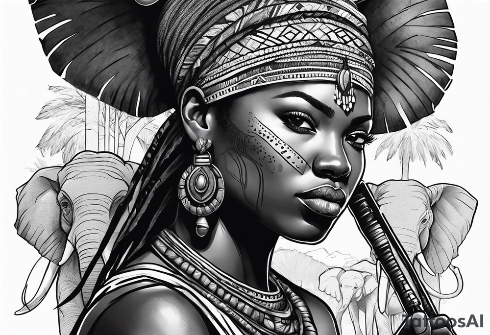 African woman warrior with tribe scars and spear in hand with elephant in background tattoo idea