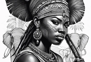 African woman warrior with tribe scars and spear in hand with elephant in background tattoo idea