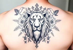 powerful majestic lion with a crown, surrounded by floral ornaments and birds tattoo idea