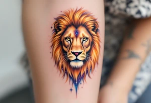 A Leo zodiac symbol and vivid leo star line constellation rests between the eyes of a golden lion whose mane dissolves into a trail of starlit purple and blue. tattoo idea