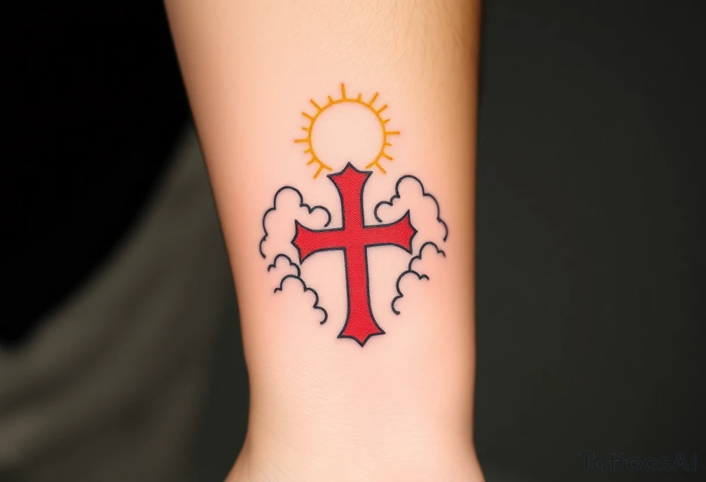 A red Templar cross with a golden halo above it, floating among soft, radiant clouds tattoo idea