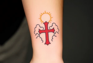 A red Templar cross with a golden halo above it, floating among soft, radiant clouds tattoo idea