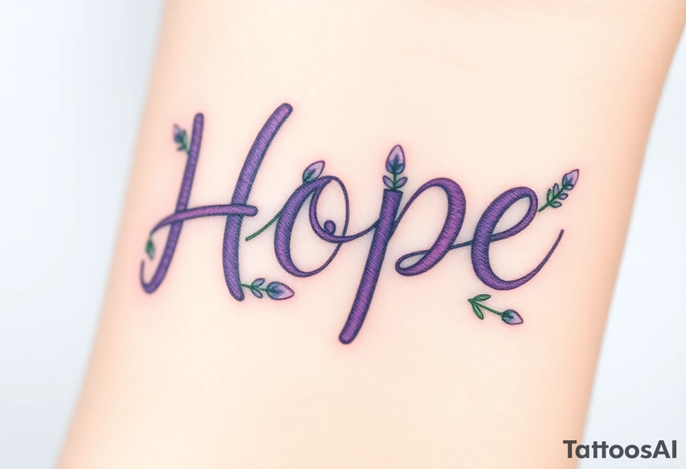 "Hope" shaped from intertwining lavender sprigs, in soft purples and greens, symbolizing serenity tattoo idea
