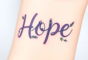 "Hope" shaped from intertwining lavender sprigs, in soft purples and greens, symbolizing serenity tattoo idea